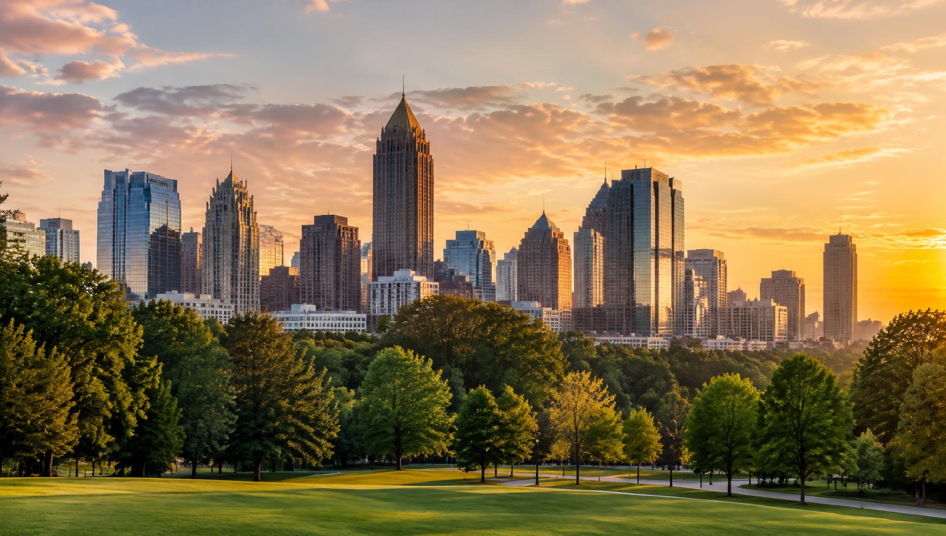 Atlanta skyline above a green city park